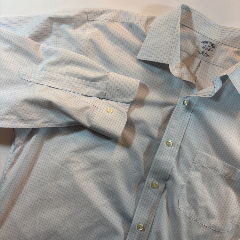 Brooks Brothers Dress Shirt Mens 17-34 White Blue Grid Slim Fit Supima Non-Iron